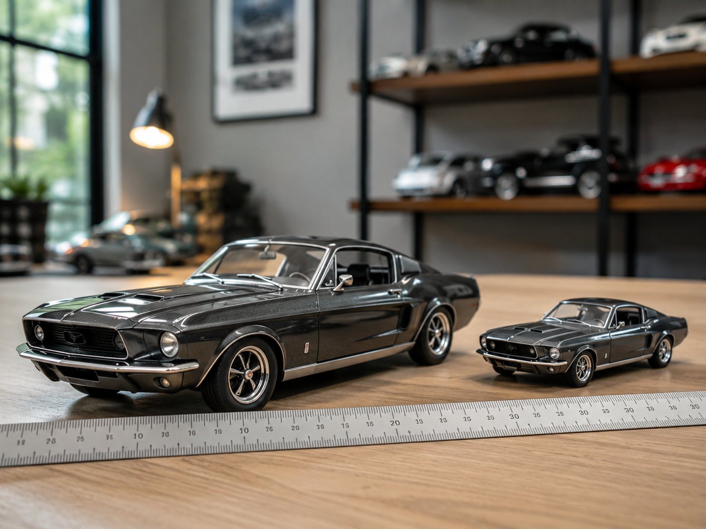1:18 and 1:43 scale model cars side by side with a ruler for size comparison