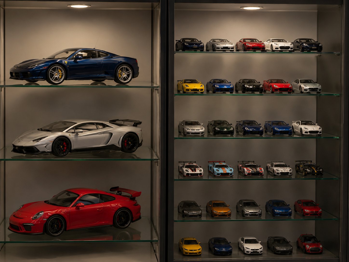 collector display cabinet showing large 1:18 model cars and many smaller 1:43 scale model cars