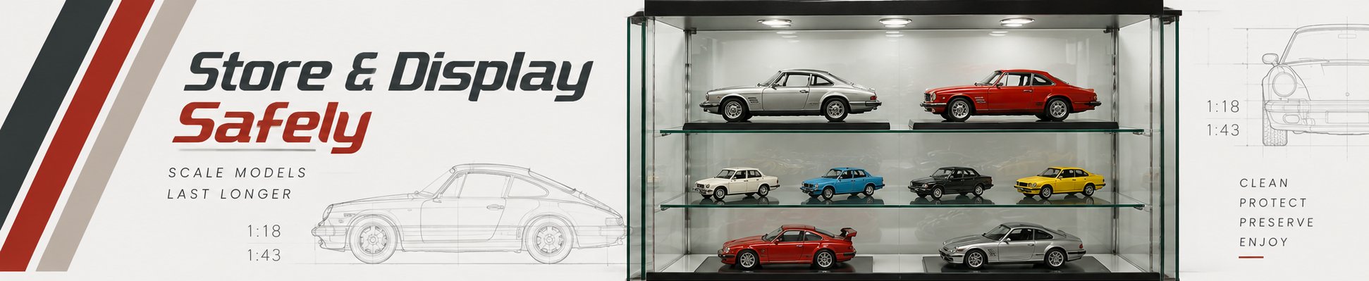 Scale model cars displayed safely in a glass cabinet with dust protection