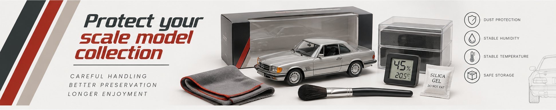 Scale model car storage setup with microfiber cloth, brush, hygrometer and silica gel